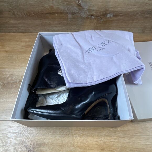 Jimmy Choo Black Pointy Toe Leather Bootie Boots Size 37.5 US 7.5 W Box - Picture 12 of 13